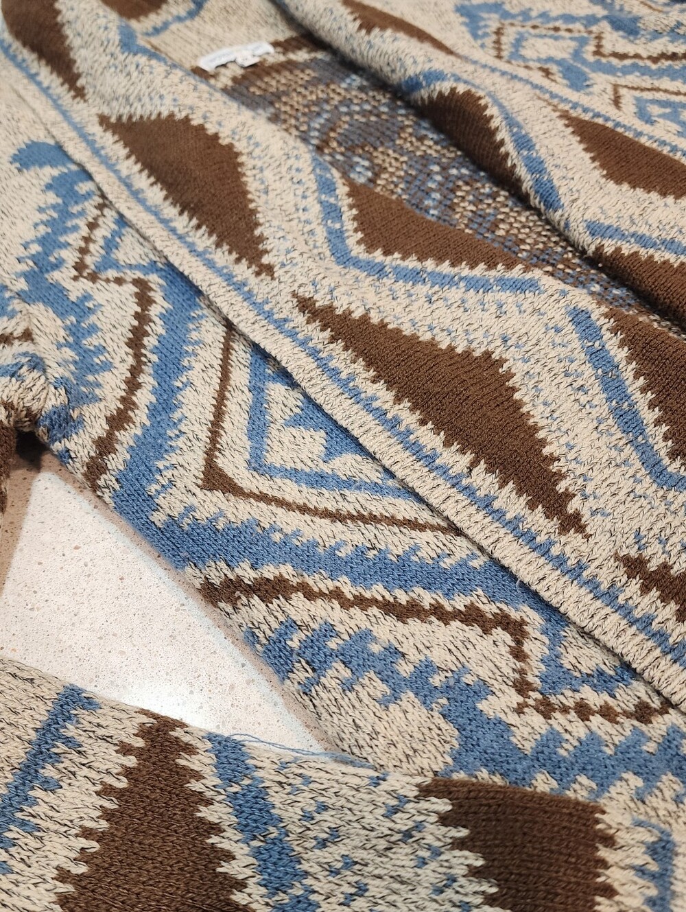 Sea Folklore Aztec-Patterned Open Cardigan in Brown Blue Chunky Medium Southwest - Picture 6 of 13